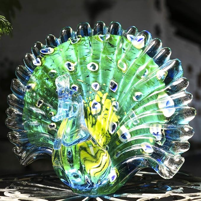 Crystalsuncatcher Hand Blown Colorful Peacock Art Glass Table Top Sculpture Room Decor (Peacock)