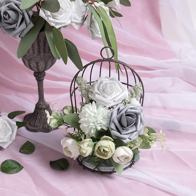 N&T NIETING Roses Artificial Flowers, 50Pcs Fake Flowers Foam Roses with Stems for DIY Wedding Bridesmaid Bridal Bouquets Centerpieces Party Home Decoration Baby Shower, Silver White and Silver Grey