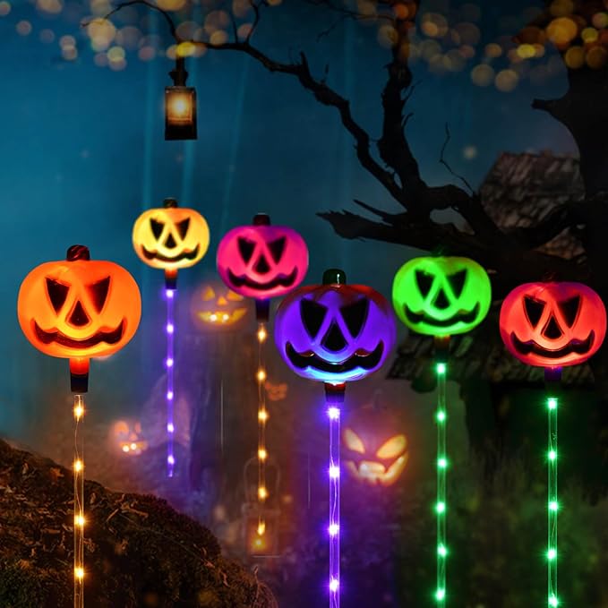 Homeleo Set of 6 Solar Pumpkin Pathway Lights for Halloween Decorations Outdoor, Color Changing Outdoor Lights, Light up Jack O Lantern Pumpkins Party Porch Yard HLD578
