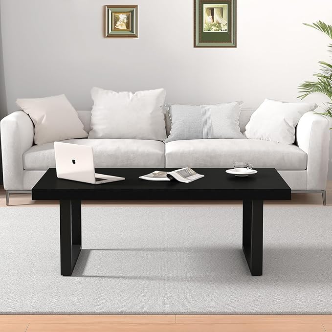 IBF Black Coffee Table, Minimalist Industrial Wooden Center Table, Modern Simple Rectangle Living Room Table, Farmhouse Wood and Metal Cocktail Coffee Table for Home Bedroom Office, Black Oak, 39 inch