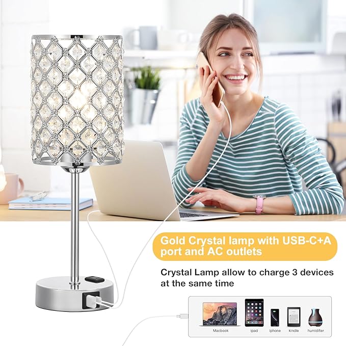 Hong-in Crystal Table Lamp, Crystal Lamp Touch Control with USB-C USB-A Charging Ports & AC Outlets, 3 Way Dimmable Bedside Lamp-Nightstand Lamp Modern Light for Bedroom, Living Room, Bulb Included