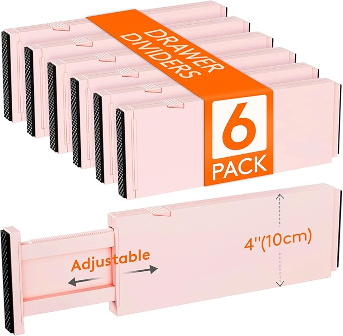 Lifewit 6 Pack Drawer Dividers 4" High, 11-17" Adjustable Drawer Organizers for Clothes, Expandable Dresser Separators in Bedroom/Bathroom/Kitchen/Fridge/Office Organization and Storage, Pink