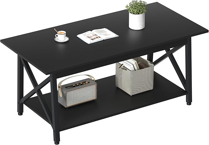 GreenForest Coffee Table with Storage, 43 inch Large Modern Coffee Tables for Living Room, X-Frame Design Farmhouse Coffee Table Space Saving Living Room Tables, Easy Assembly, Black