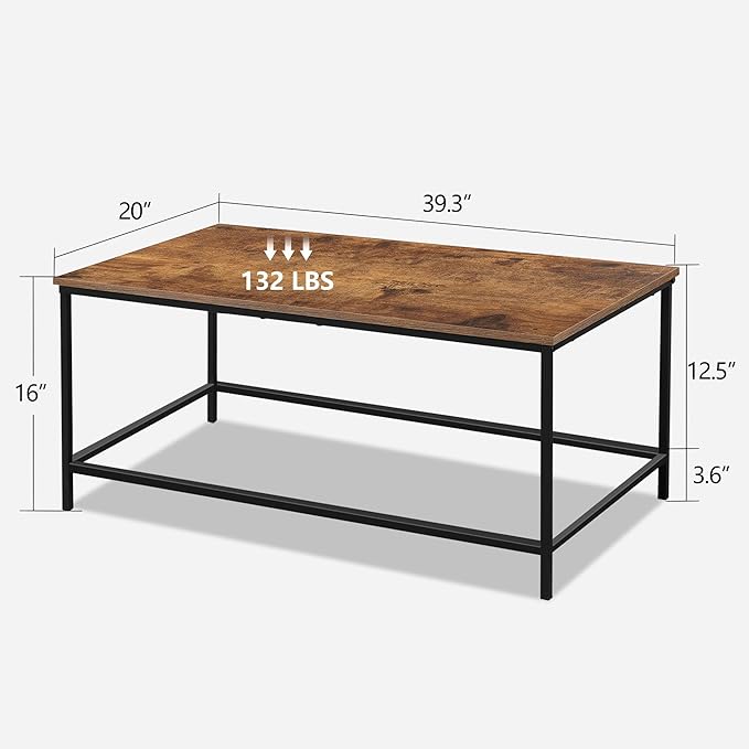 SENIG Coffee Table, Modern Industrial Style Rectangular Coffee Table, Brown Wood and Sturdy Metal Side End Table, Rustic Accent Functional Coffee Table for Living Room. 39.3 x 20 x 16