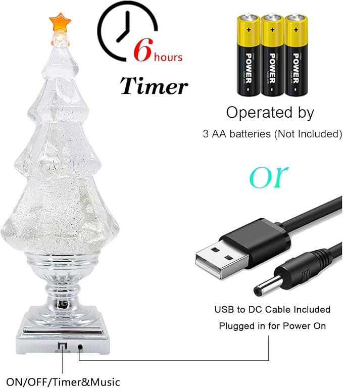 DRomance Christmas Tree Snow Globe Lantern with Music, LED Light-up Singing Snow Globe with Timer Battery Operated USB Powered Holiday Decor(Silver)
