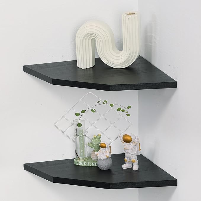 Corner Wall Shelves Set of 2, Rustic Wood Corner Floating Shelves with Cable Raceway, Wall Mount Storage Display for TV Accessories, Baby Monitor, Speaker, Cable Box (Black, Diamond- 10 Inch)