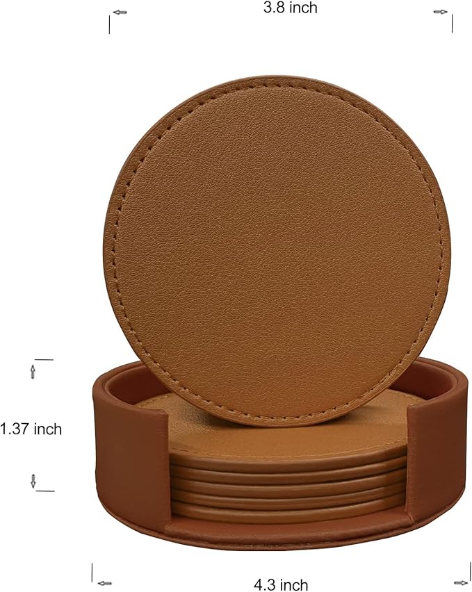 Coasters Set of 6 Soft Leather Drink Coaster Round Coaster with Sewing Around, Suitable for Various Cups, Wooden Tables,Home Decoration,4 Inches(Brown)