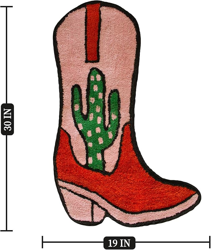Cowboy Boot Bath Mat - Western Boot Shaped Rug with Pink, Rust, and Green Cactus Design - Water Absorbent (Boot Bath Mat 2 Pack)