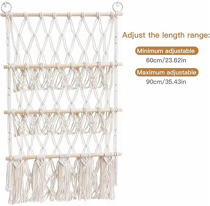 3 Tiers Plush Toy Organizer Hammock with Tassels, Stuffed Animals Net for Kid's, Nursery Boho Net Bag Storage Rack Bookshelf Hammocks Home Decor, 3 Layers, Beige