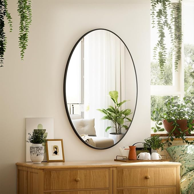 Black Oval Bathroom Mirror, 20 x 28 inch Modern Oval Wall Mounted Vanity Mirror with Tempered Glass Hanging Horizontally or Vertically, Black