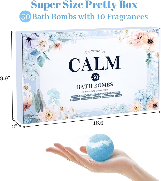 Bath Bombs Set 50 PCS with 10 Rich Scents, Bath Bombs for Women, Natural Bubble Bombs with Shea Butter & Safe Oil, Ideal for Christmas, Birthday, Valentine's Day, Mother's Day Present