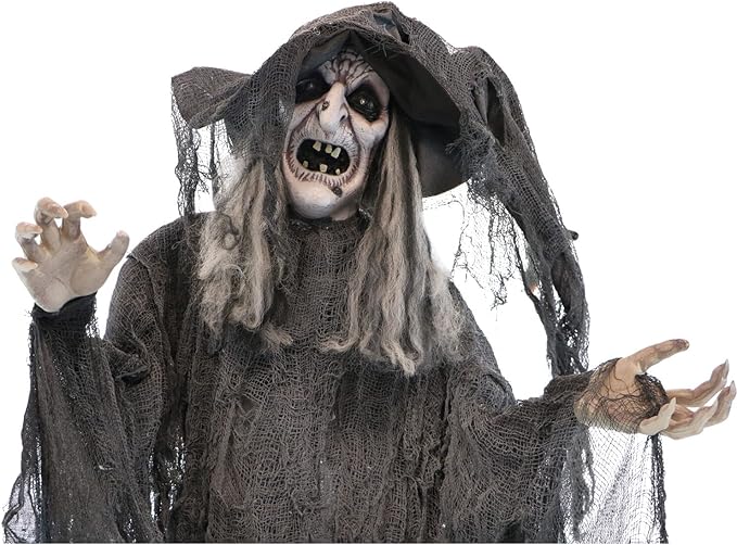 Haunted Hill Farm Life-Size Animatronic Scary Talking Witch with Touch Activated Lights and Sound, Indoor or Covered Outdoor Creepy Halloween Decorations for Home or Haunted House, Battery Operated