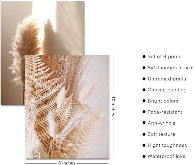 HoozGee Nature Wall Art Prints Set of 6 Canvas Art Wall Decor Botanical Print Pictures Reed Dried Flower Plant Poster Print Home Decorations for Living Room Wall Decor (8"x10" UNFRAMED)