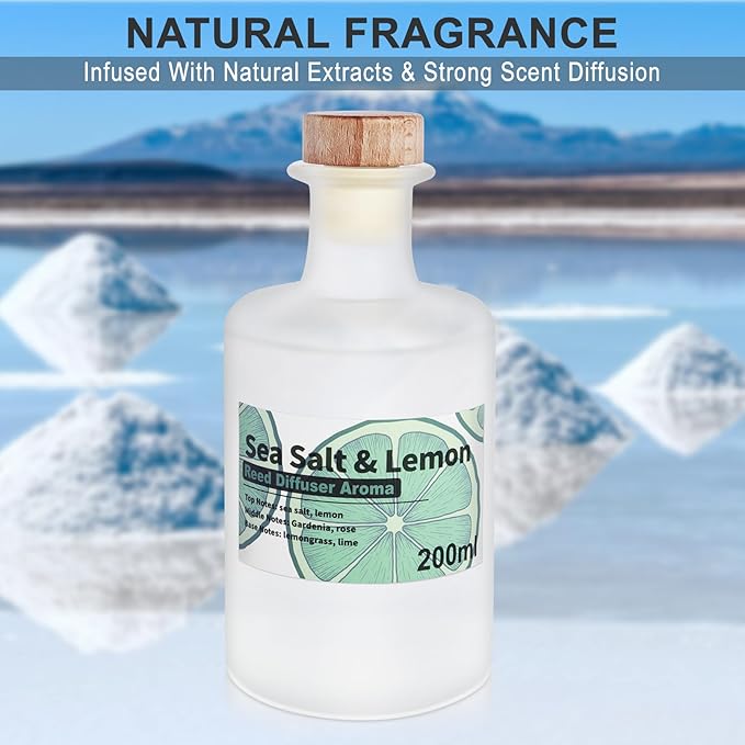 Reed Diffuser Set - Sea Salt & Lemon Essential Oil with Rattan Sticks, 200ml(6.8fl oz) Long Lasting Aroma Oils, Bathroom Air Freshener, Home Fragrance for Room Decor