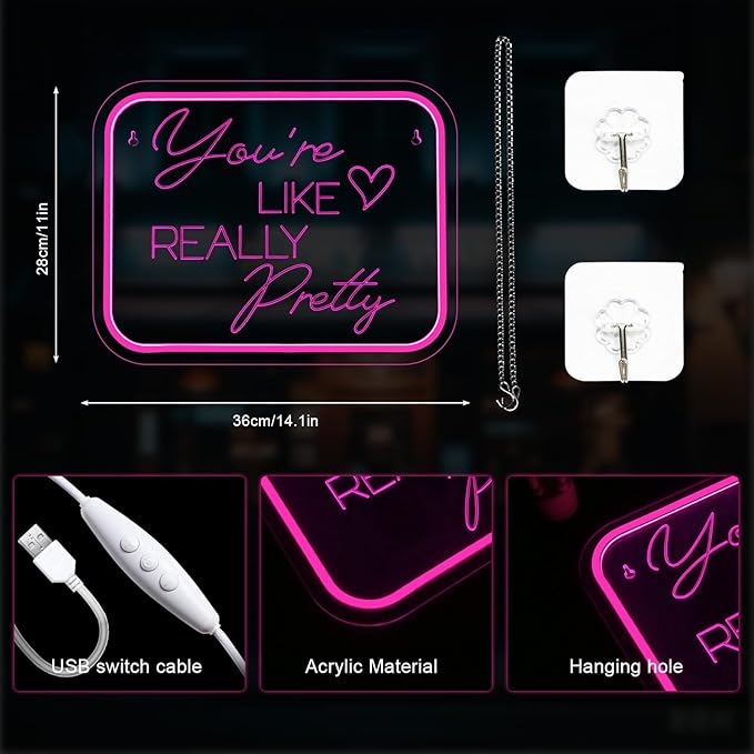 Lucunstar You're Like Really Pretty Neon Sign,Pink Led Neon Light for Wall Decor,Light Sign for Wedding Dimmable Switch USB Powered with Neon Lights for Bedroom,Home Decor