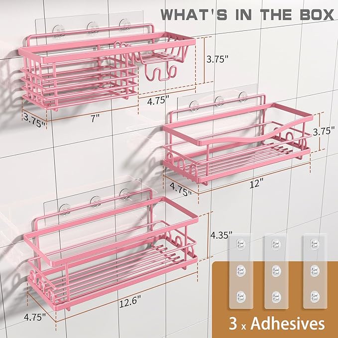 Adhesive Shower Caddy-Rustproof, No Drilling Pink Shower Shelves for Bathroom - Large Capacity with Soap Holder, Pink Bathroom Decor