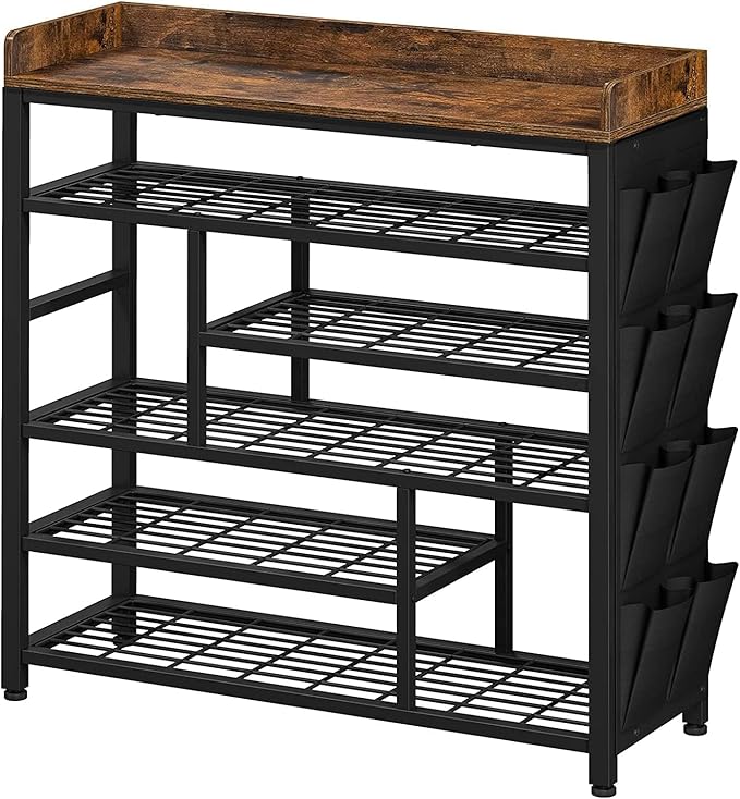 EnHomee Metal Shoe Rack for Entryway, 6 Tier Shoe Storage Organizer Holds 22 Pairs, Wooden Top and Side Pocket for Entry, Entrance, Hallway, Black