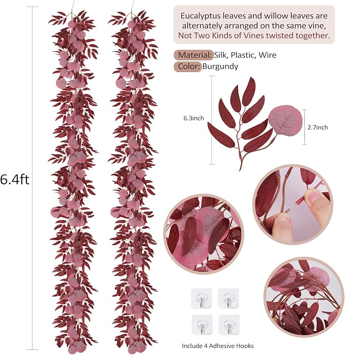 2Pcs Artificial Eucalyptus Garlands with Willow Leaves 6.6 Ft Faux Hanging Eucalyptus Willow Vines Fall Rattan for Thanksgiving Christmas Party Wedding Table Centerpiece Fireplace Decoration(Burgundy)