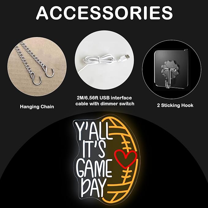 LED Neon Sign for Wall Decor, Y'ALL Its Game Day FootballNeon Light, USB Powered Dimmable, 5V/2A, 16.5"x12.2" for Home, Party, Gift, Office, Bedroom, Football Lover