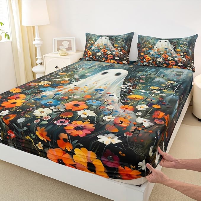 Feelyou Halloween 4 Pieces Sheet with 16 Inch Deep Pockets for Girls Boys Kids Full Size Horror Theme Cute Ghost Bedding Room Decor Gardon Flower Bed Sheets Set Bluish Bed Cover