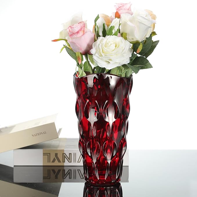 CEMABT 9.5inch 3.4 lb Glass Vases for Flowers Unbreakable Thickened Morden vase for Tables Centerpieces,Colorful,Vintage and Clear Rose Large Flower vases for Bouquet Unique Gifts(Red)