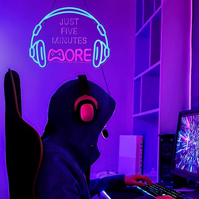 Gaming Neon Sign, Large Bright and Dimmable Colored LED Headset Gamer Neon Light and USB Powered Headphone Lightup Game Signs for Game Zone Video Room Boy Bedroom Wall Decor (Just Five Minutes More)