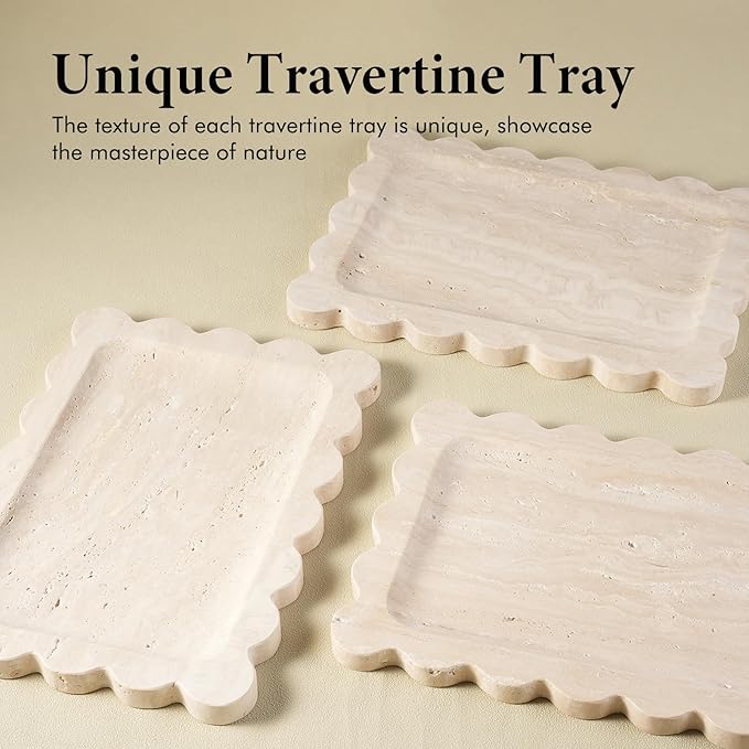 Koville Romano Travertine Vanity Tray, 11"x8" Natural Marble Decorative Scalloped Tray for Jewelry Cosmetics Perfume Trinket, Stone Organizer Trays for Countertop Bathroom Kitchen Dresser(Beige)