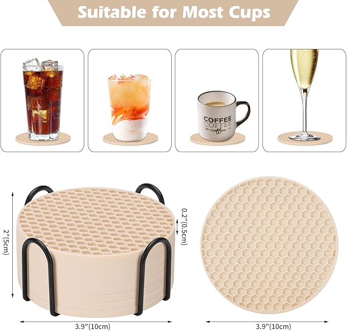 Silicone Coasters Set of 8 with Holder,Coasters for Drinks,Beer,Coffee Coasters,Suitable for Kinds Cups,Hot or Cold,Anti-SLI,Non-Stick,Anti-Overflow Tabletop Protection and Decor (8 Pcs, Tapioca)