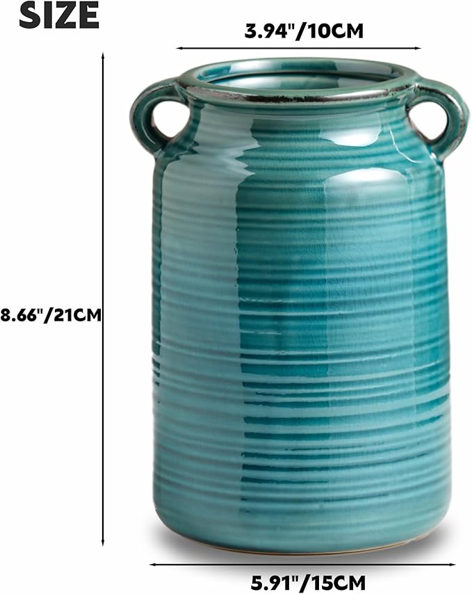 Ceramic Rustic Distressed Green Flower Vase for Centerpieces, Kitchen, Office or Living Room (5.9''x8.6'')
