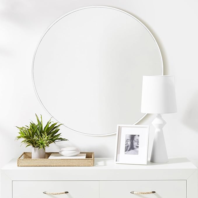 CULER Round White Bathroom 24 Inch Mirror,Circle Wall Modern Mirror for Bedroom,Hanging Vanity Tempered Glass Mirrors for Entryway or Living Room