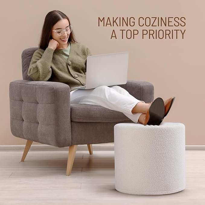 Round Pouf Ottoman and Foot Rest, Soft Boucle Footstool Ottomans for Living Room, Comfort Foam Stuffed Poofs for Couch Desk Resting Your Feet, White