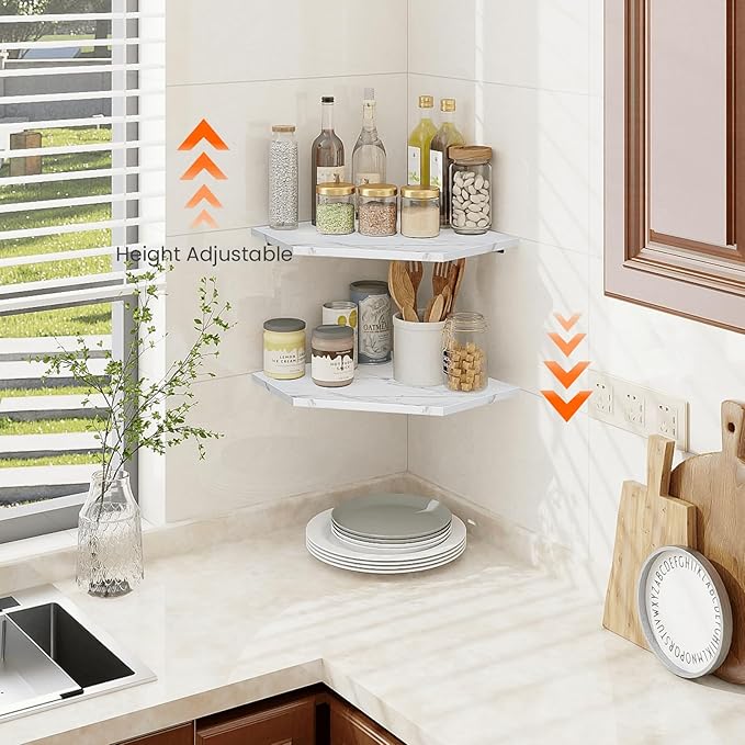 Homode Corner Wall Shelf, Set of 2 Floating Corner Shelves with Wire Hole, 2 Tier Wooden Hanging Display Shelf for Bathroom Bedroom Kitchen, White Marble
