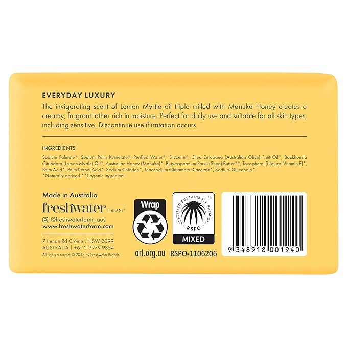 Soothing Castile BODY BAR | Lemon Myrtle Oil + Manuka Honey | Natural Ingredients | Triple-Milled Soap Bars With Organic Shea Butter