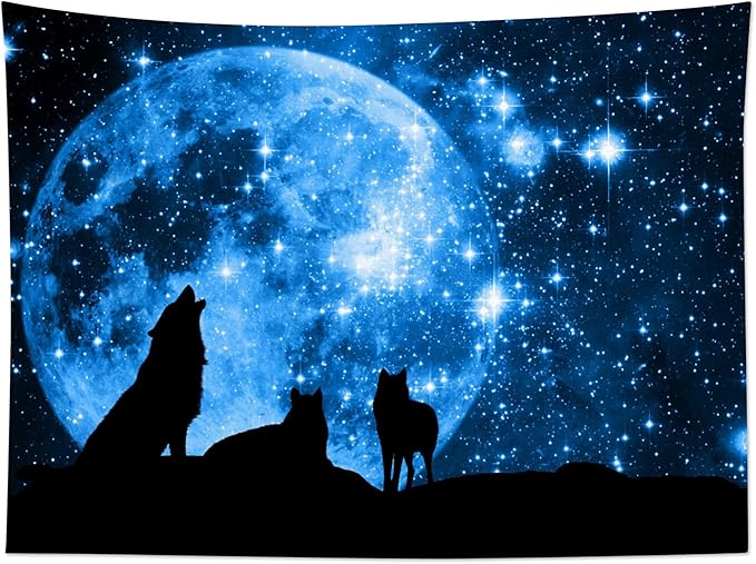 HVEST Wolf Tapestry Wolves on Mountain Wall Hanging Full Moon in Starry Sky Tapestries for Kids Bedroom Living Room Dorm Party Wall Decor,92.5Wx70.9H inches