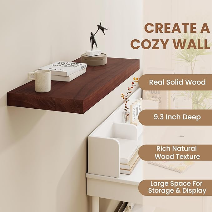 Fun Memories 9 Inch Deep Floating Shelves, Rustic Solid Wood Floating Shelf 16 Inch Long, 16 x 9 Wide Bathroom Shelves for Storage & Display, Walnut Color