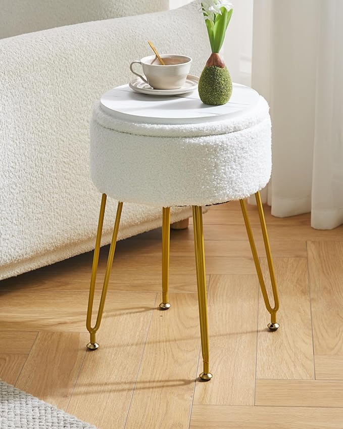 IBUYKE Teddy Velvet Storage Footrest Stool Ottoman, Makeup Vanity Stool Side Table with Removable Cover, Golden Steel Legs, Coffee Table Top Cover, White WBD010W