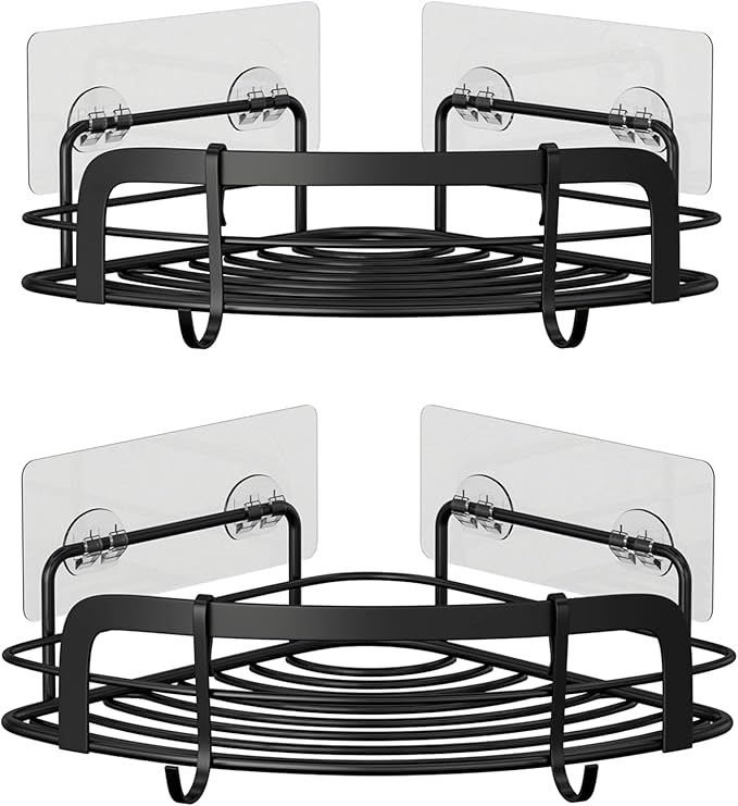 STEUGO Black Bathroom Corner Shower Shelfs, Adhesive Wall Mounted Shower Caddy with 4 Movable Hooks, Rustproof Stainless Steel Bathroom Shower Organizer, No Drilling Wall Mount 2-Pack