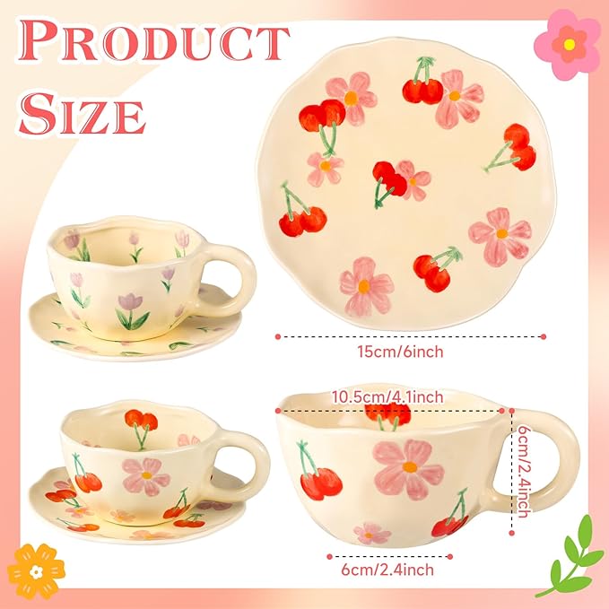 Cappuccino Cup with Saucers Set of 2 Ceramics Coffee Mugs 8 oz Latte Art Cup Vintage Aesthetic Flower Barista Cups for Americano, Tea, Espresso,Mocha, Milk - Microwave and Dishwasher Safe