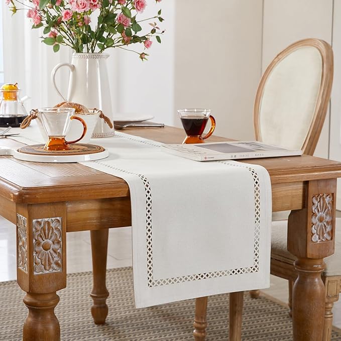 Burlap Style Farmhouse Table Runner, 13 x 60 Inch Off White, Rustic Geometric Hollow Table Runners 60 Inches Long for Dresser Table Everyday Use, 13x60 Inches, Off White