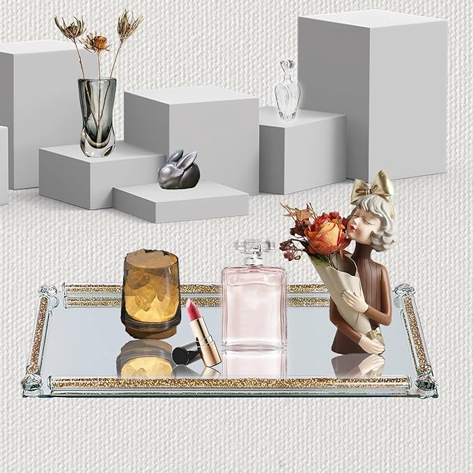 Crystal Diamond Tray, 13.8" x 5.9" Mirror Perfume Tray for Vanity Gold Crystal Jewelry Trinket Cosmetic Makeup Display Serving Trays for Dresser Crushed Diamond Home Decor
