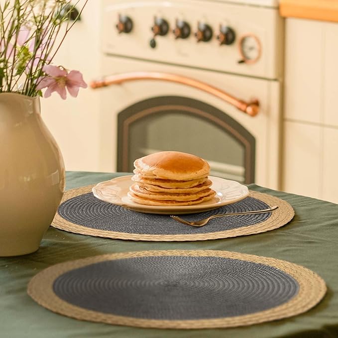 Noctiflorous Round Braided Placemats Set of 4 Table Mats 15 Inches Washable Heat Resistant for Dining Table Non-Slip Indoor Outdoor Place Mats for Thanksgiving Christmas Easter(Grey Wide Edge 4)
