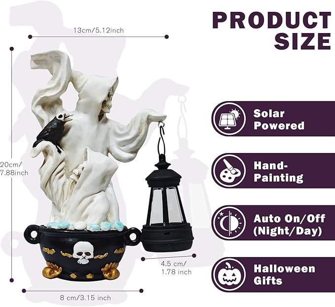 Skeletons Halloween Statues Decor Lantern - Gothic Grim Reaper Spooky Solar Lantern Statue Skeletons Crow,Outdoor Indoor Party Home Decorations Tabletop Shelf Garden Porch Yard Patio