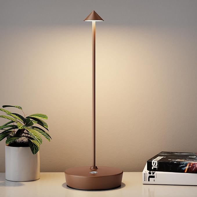 Rechargeable Cordless Table Lamp, Portable Powered LED Battery 6000mAh Metal USB Desk Lamp, 3 Levels Brightness Light for Restaurants Outdoor (Coffee)