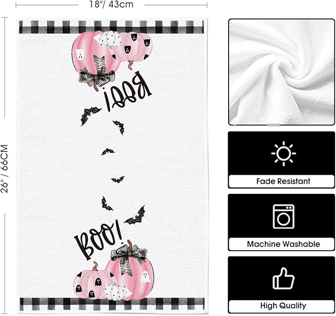 Artoid Mode Pink Pumpkins Ghost Boo Happy Halloween Kitchen Towels Dish Towels, 18x26 Inch Trick Or Treat Decoration Hand Towels Set of 4