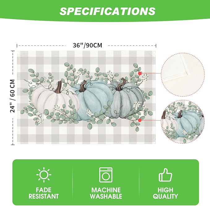 Artoid Mode Blue Pumpkins Fall Placemats, 24x36 Inch Extra Large Table Mats for Kitchen Countertop Protector Dining Decoration