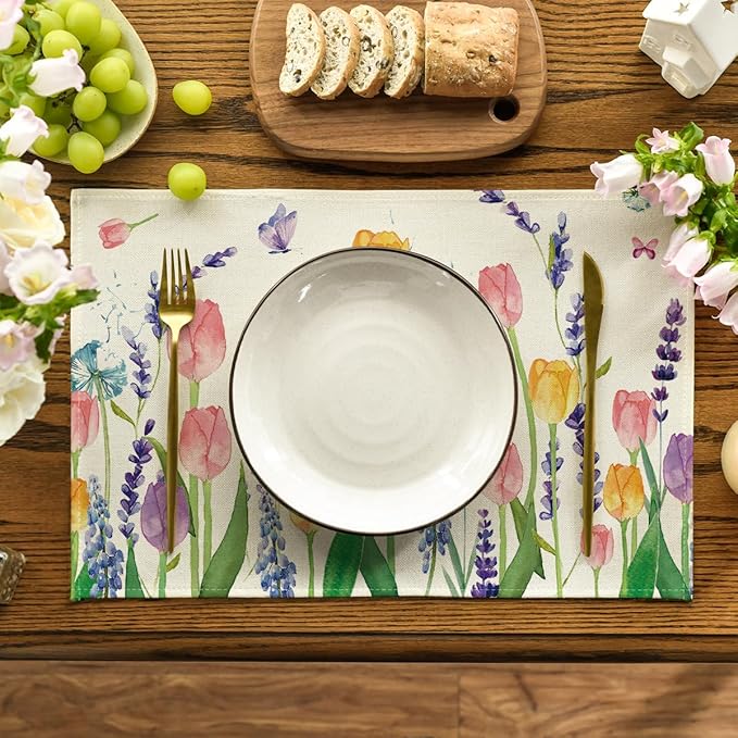 Artoid Mode Lavender Tulip Spring Placemats for Dining Table, 12 x 18 Inch Summer Seasonal Holiday Decoration Rustic Vintage Washable Table Mats Set of 6