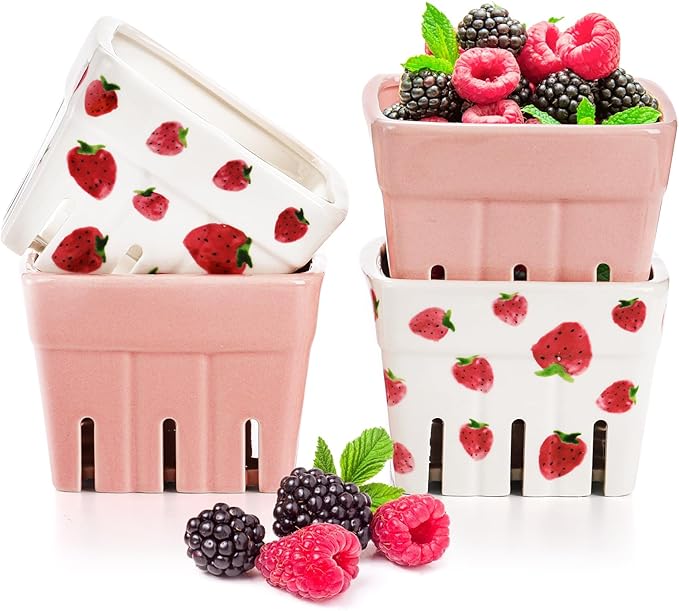 4 Pack Ceramic Berry Basket, Square Fruit Bowls, Kawaii Strawberry Kitchen Bowl Containers, Cute Stoneware Berry Colander Bins for Veggie, Berries, Fruits, Home Decor