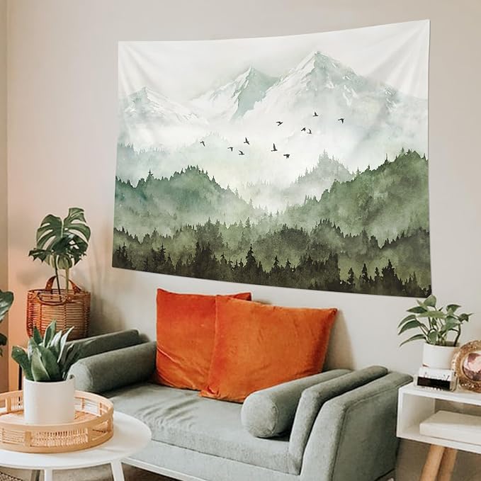 kampdream Mountain Forest Tapestry, Misty Foggy Sage Green Tree Landscape Watercolor Art Wall Tapestries, Nature Scenery Tapestry for Bedroom Living Room Backdrop 60×80 inch