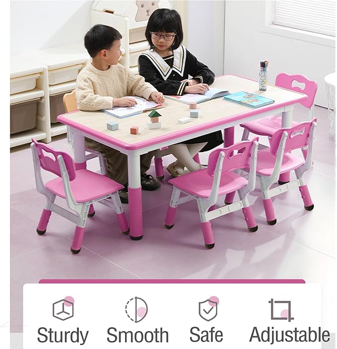 Kids Table and 6 Chair Set - Height Adjustable, Multifunctional Desk, Ergonomically Designed Chairs, Max 300lbs, for Ages 2-10, Classroom, Daycares, Home