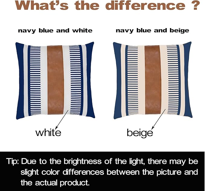 Farmhouse Stripe Pillow Cover 18x18 Boho Accent Cushion Case Faux Leather Decorative Pillowcase,Navy Blue and Beige (Cover ONLY, Pack of 1)